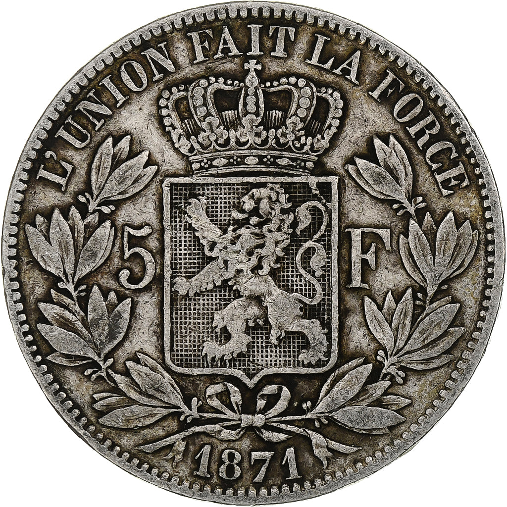 België, Leopold II, 5 Francs, 1871, Brussels, Zilver, FR+