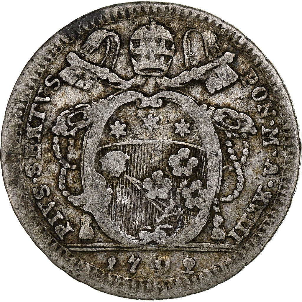 États pontificaux, Pius VI, Doppio Giulio, 1792, Rome, Argent, TB+, KM:1045