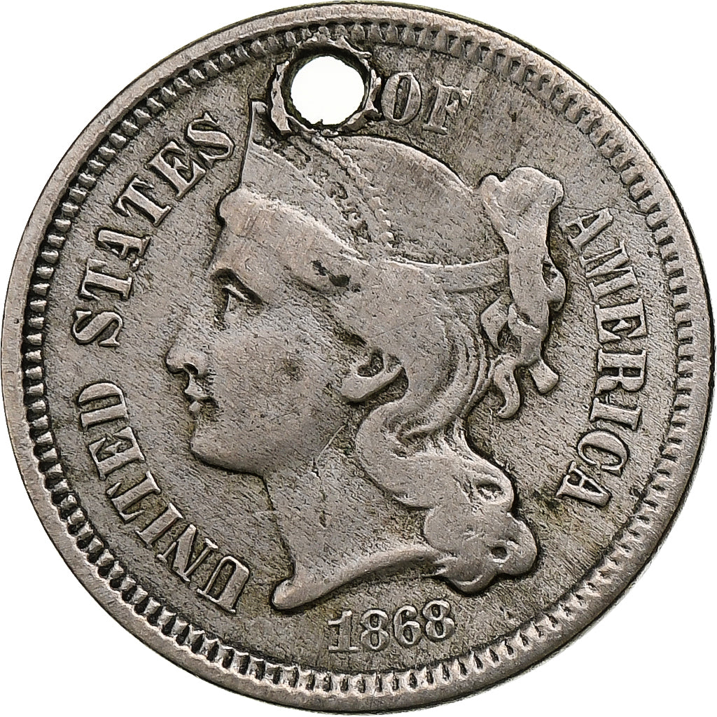 Vereinigte Staaten, Nickel 3 Cents, 1868, Philadelphia, Holed, Nickel, S+, KM:95