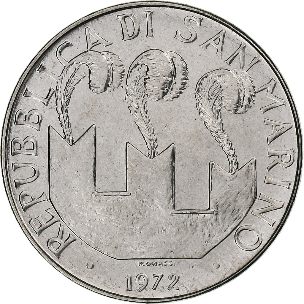 San Marino, 100 Lire, 1972, Rome, BU, Stal nierdzewna, MS(65-70), KM:20