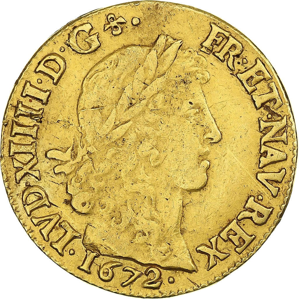 France, Louis XIV, Louis d'or au buste juvénile, tête laurée, 1672, Bayonne