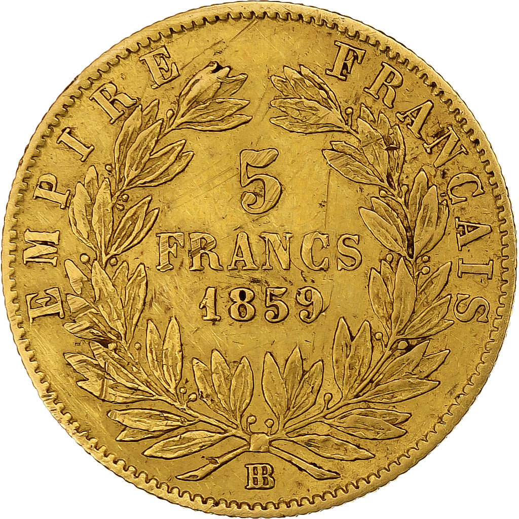 Francia, Napoleon III, 5 Francs, 1859, Strasbourg, Oro, BB, Gadoury:1001