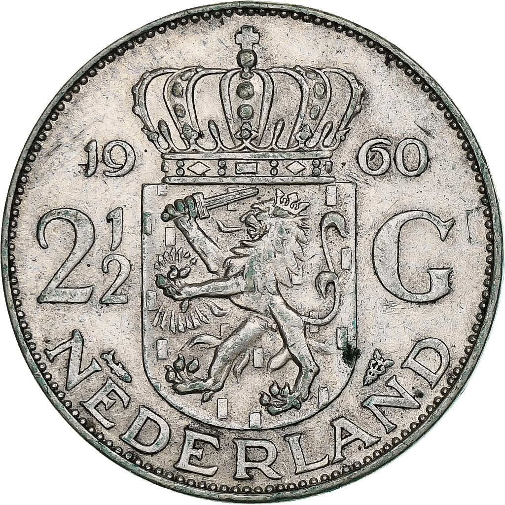 Paesi Bassi, Juliana, 2-1/2 Gulden, 1960, Utrecht, Argento, BB+, KM:185