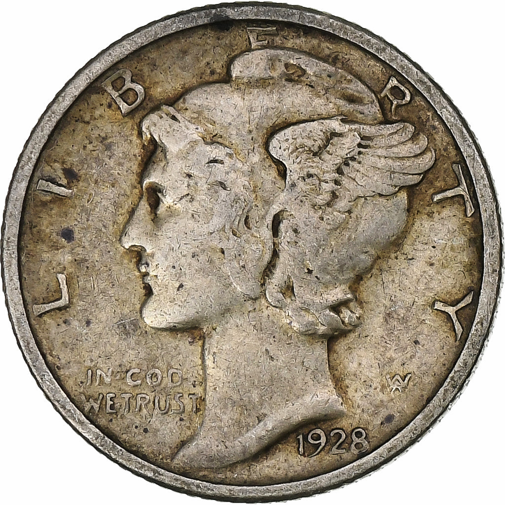 États-Unis, Dime, Mercury, 1928, Philadelphie, Argent, TB+, KM:140