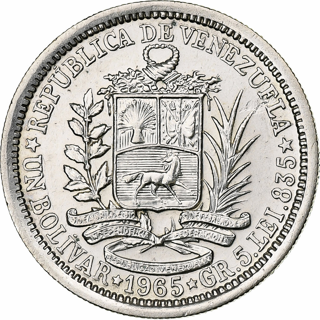 Venezuela, Bolivar, 1965, Paris, Silver, AU(55-58), KM:37a