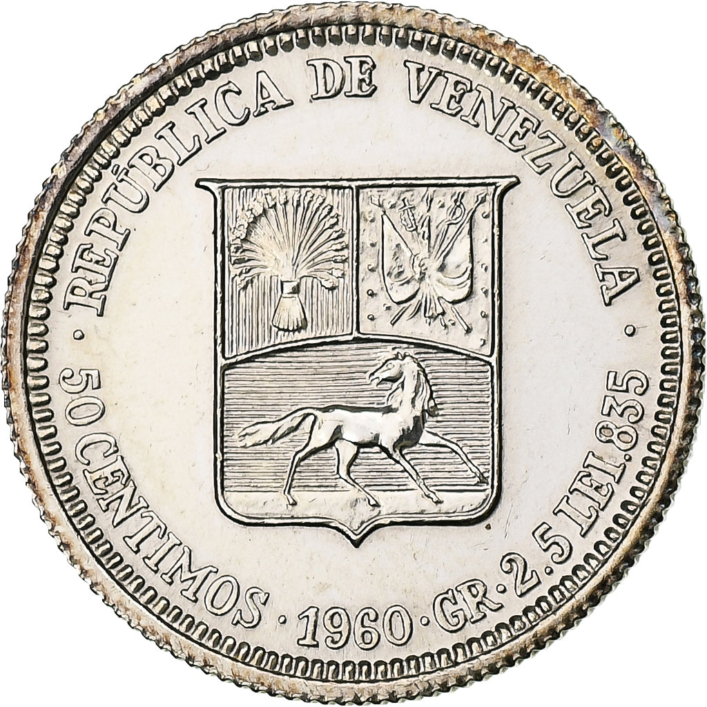 Venezuela, 50 Centimos, 1960, Paris, Silver, AU(55-58), KM:36a
