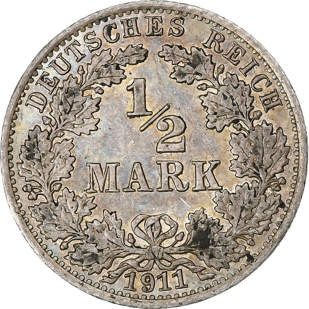 Alemanha, Wilhelm II, 1/2 Mark, 1911, Berlin, Prata, AU(50-53)