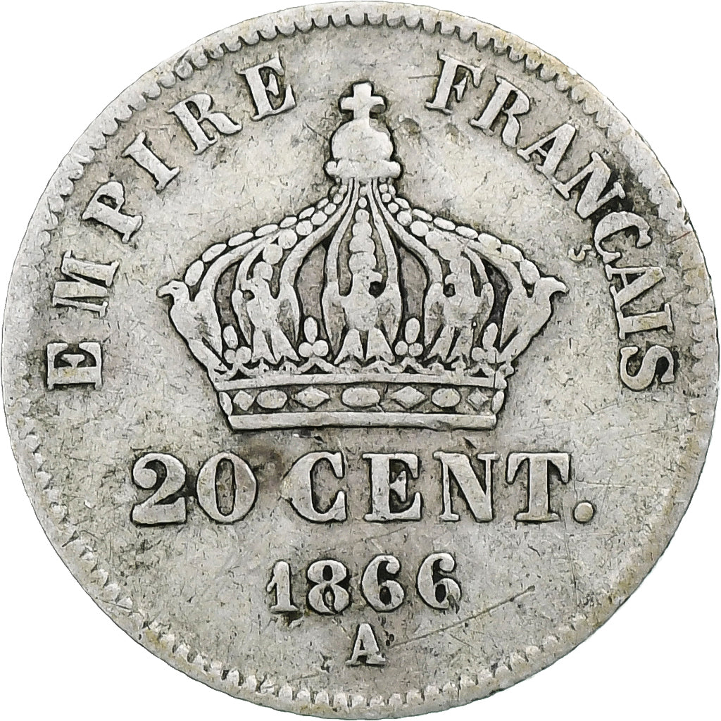 France, Napoleon III, 20 Centimes, 1866, Paris, Silver, VF(30-35), Gadoury:308