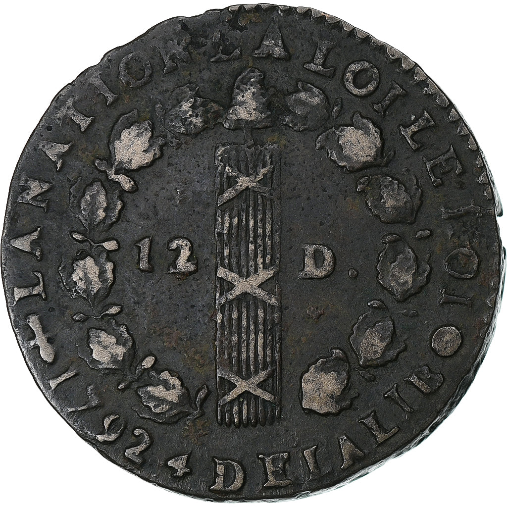 France, Louis XVI, 12 Deniers, 1792 / AN 4, Perpignan, 1st semester, Cuivre