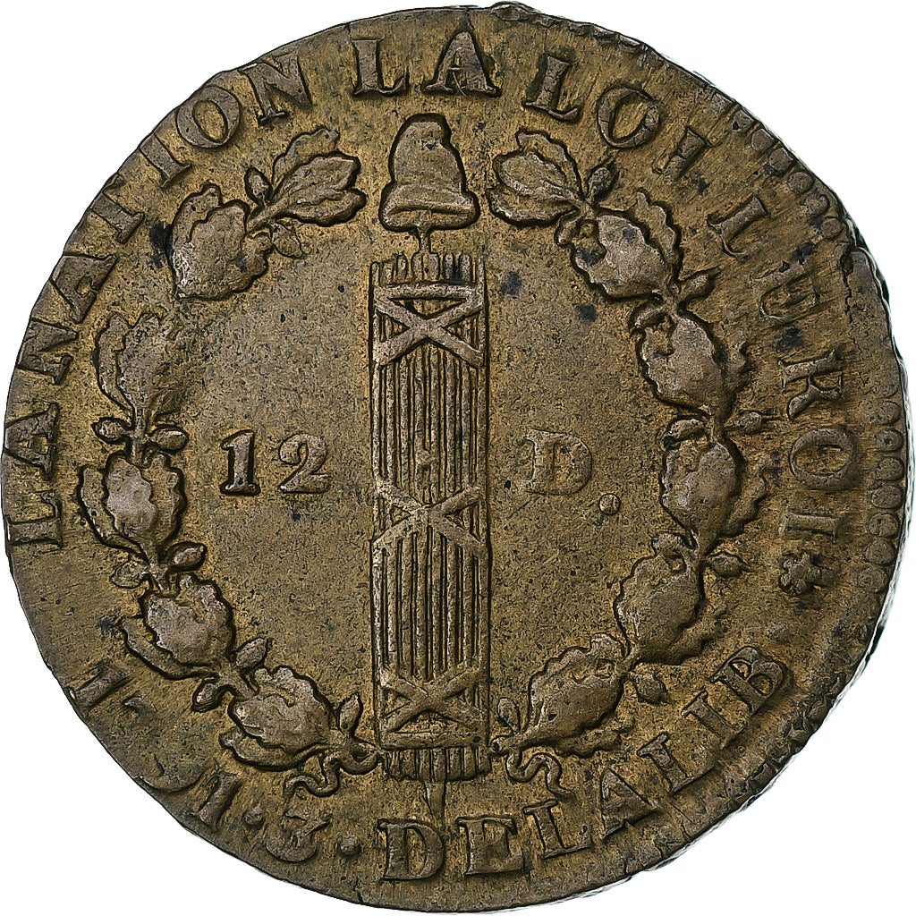 Frankrijk, Louis XVI, 12 Deniers, 1791·3, Paris, Rosette, Cuivre, ZF+