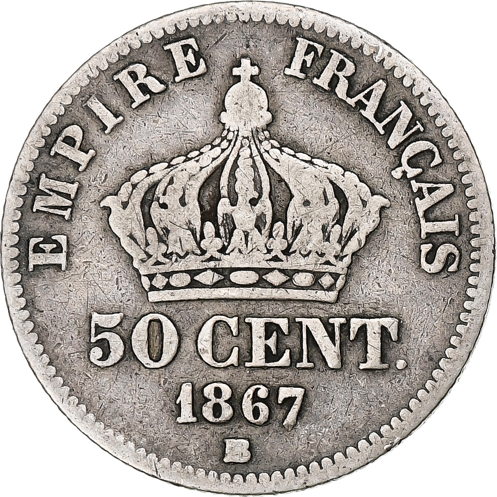 France, Napoleon III, 50 Centimes, 1867, Strasbourg, Silver, VF(20-25)