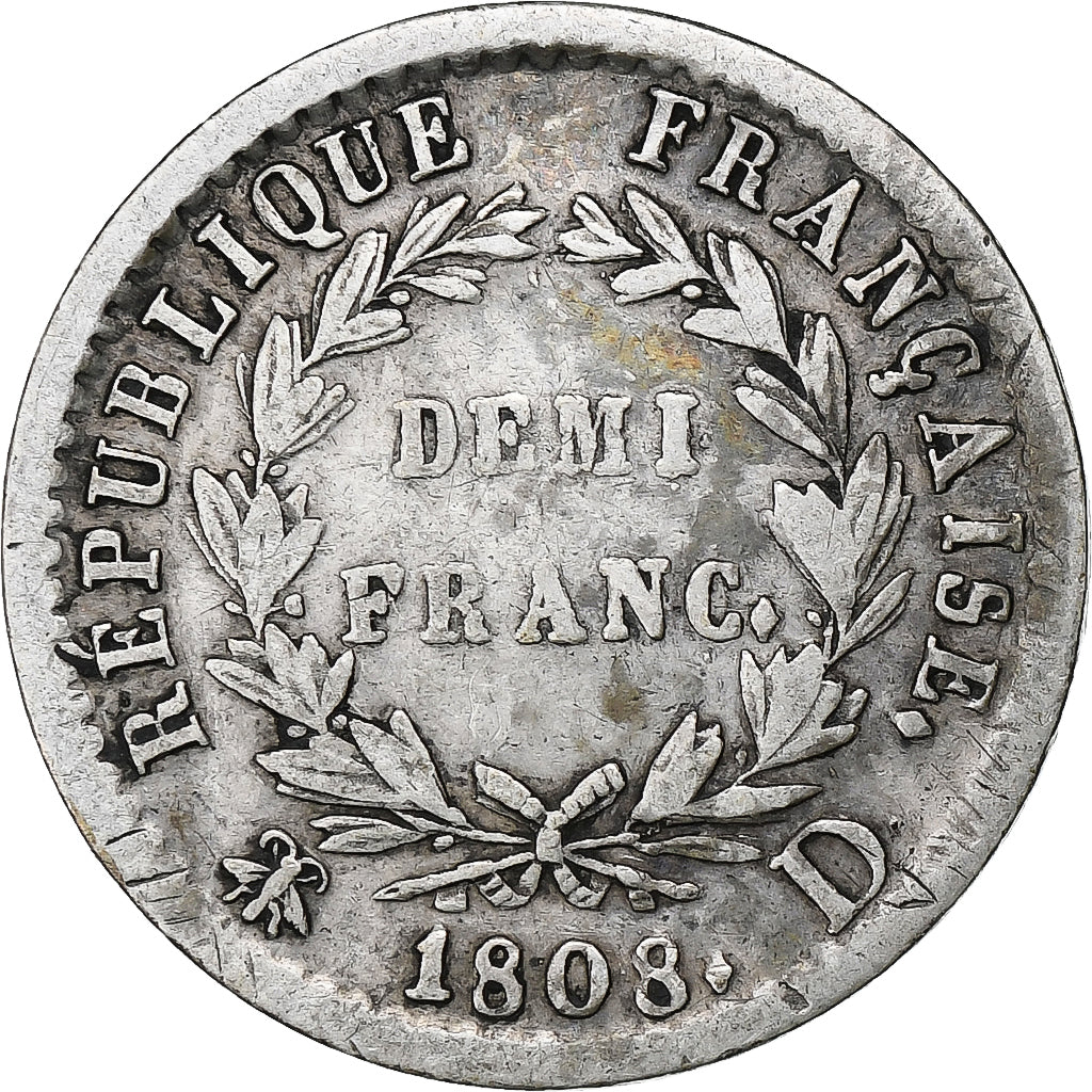 Francja, Napoleon I, 1/2 Franc, 1808, Lyon, Srebro, VF(30-35), Gadoury:398