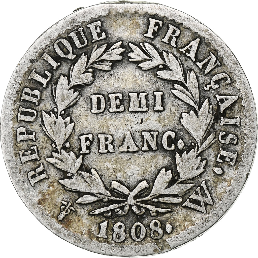 Francia, Napoleon I, 1/2 Franc, 1808, Lille, Plata, BC+, Gadoury:398, KM:680.14