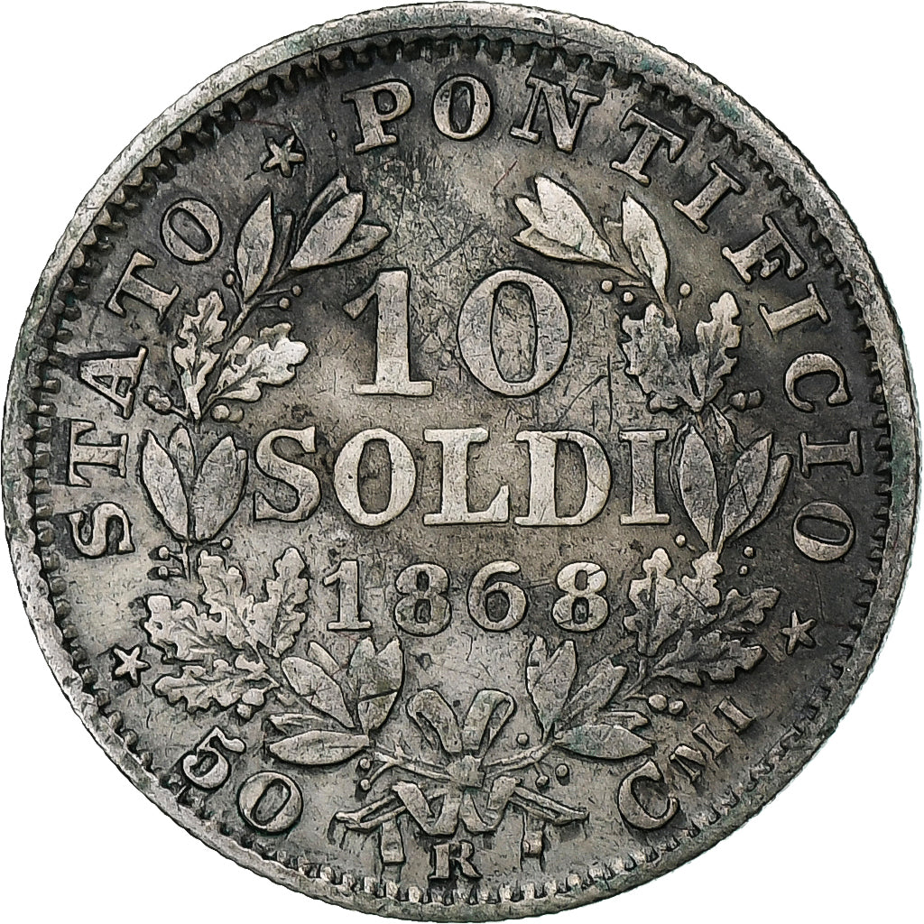 Papal States, Pius IX, 10 Soldi, 1868, Rome, Silver, EF(40-45), KM:1386.1
