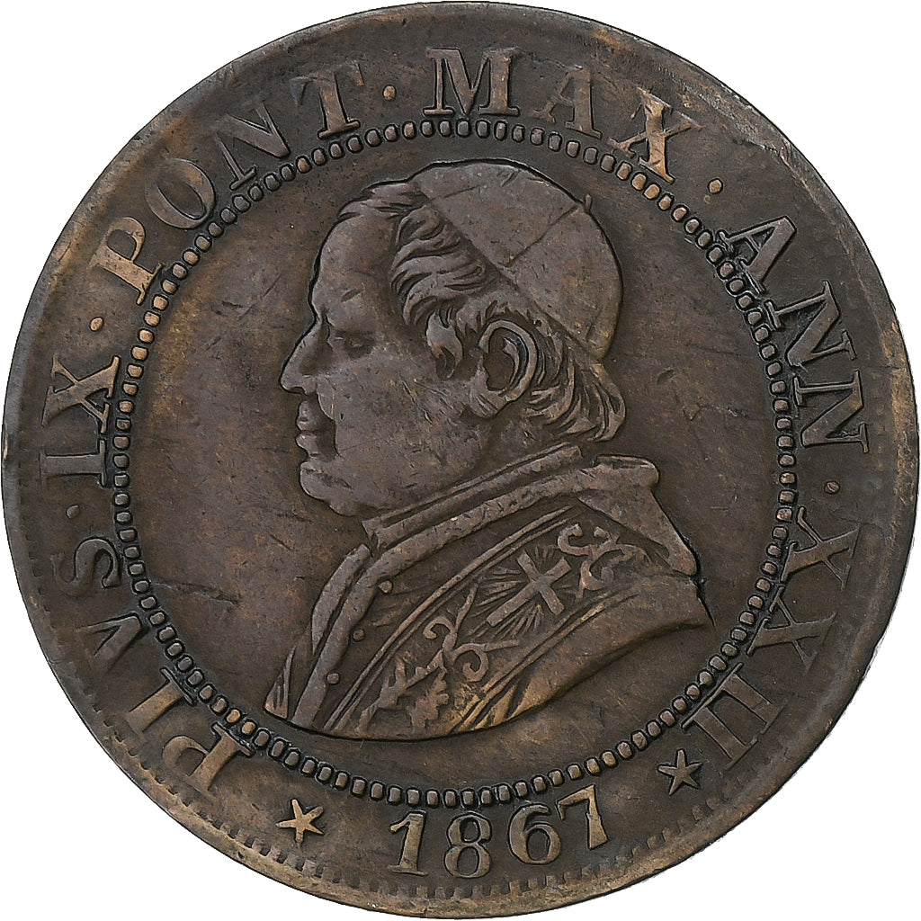 Papal States, Pius IX, 1/2 Soldo, 1867, Rome, Rame, BB, KM:1371