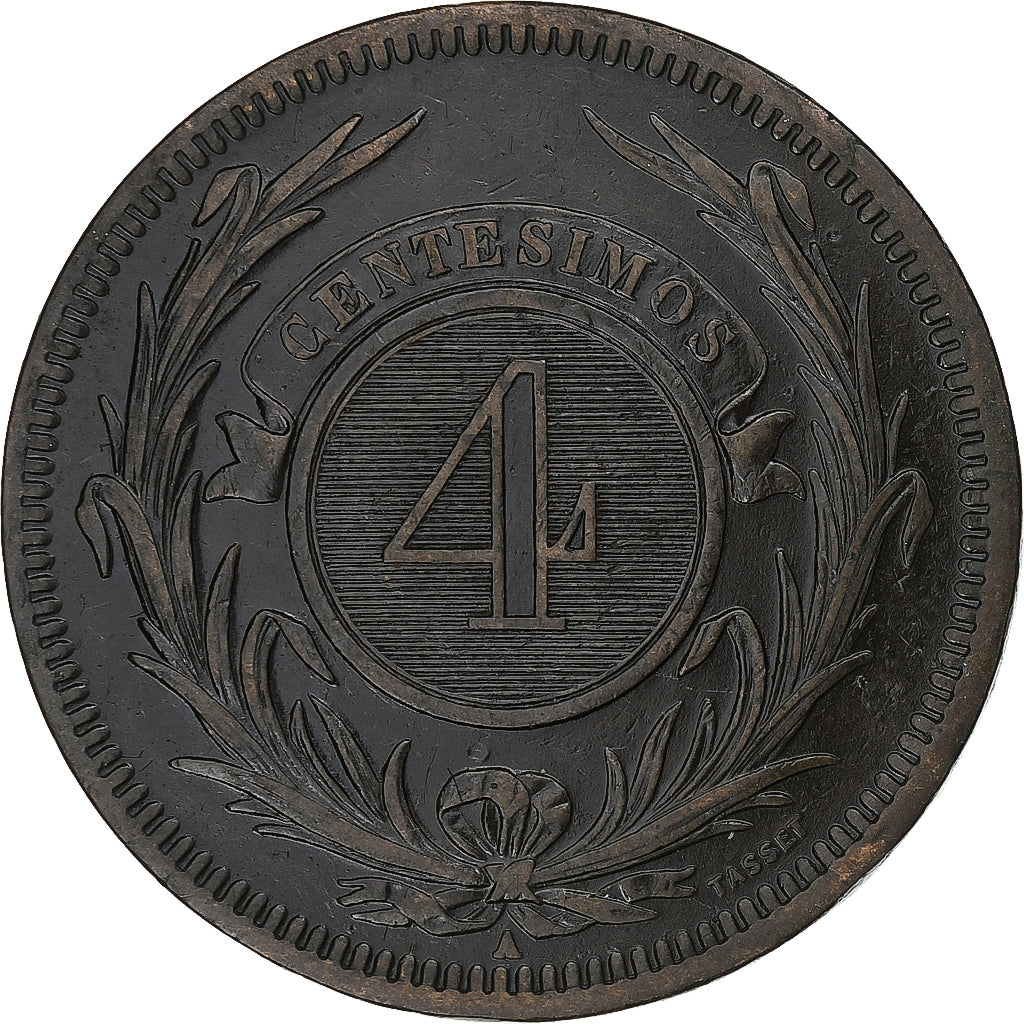 Uruguay, 4 Centesimos, 1869, Paris, Cobre, MBC, KM:13