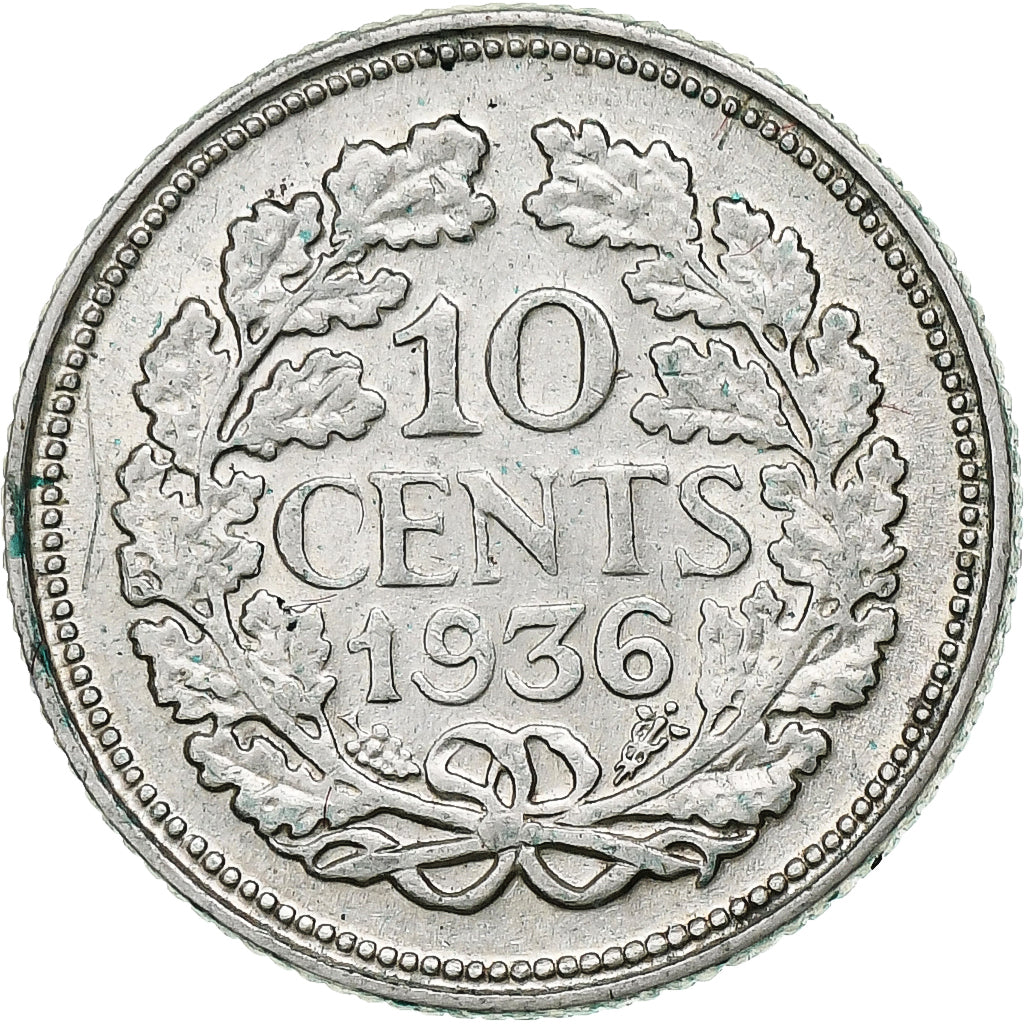Países Bajos, Wilhelmina I, 10 Cents, 1936, Utrecht, Plata, MBC+, KM:163