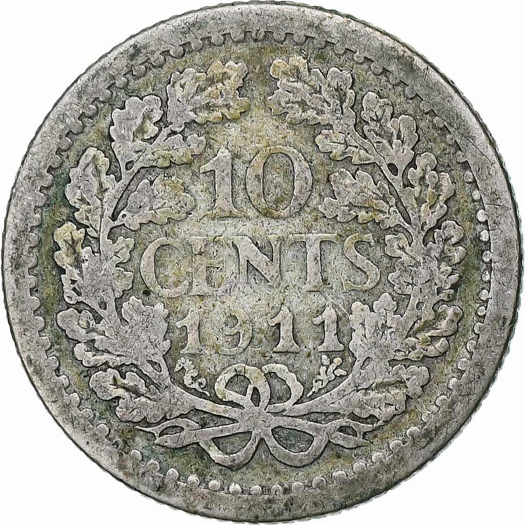 Países Bajos, Wilhelmina I, 10 Cents, 1911, Utrecht, Plata, BC+, KM:145