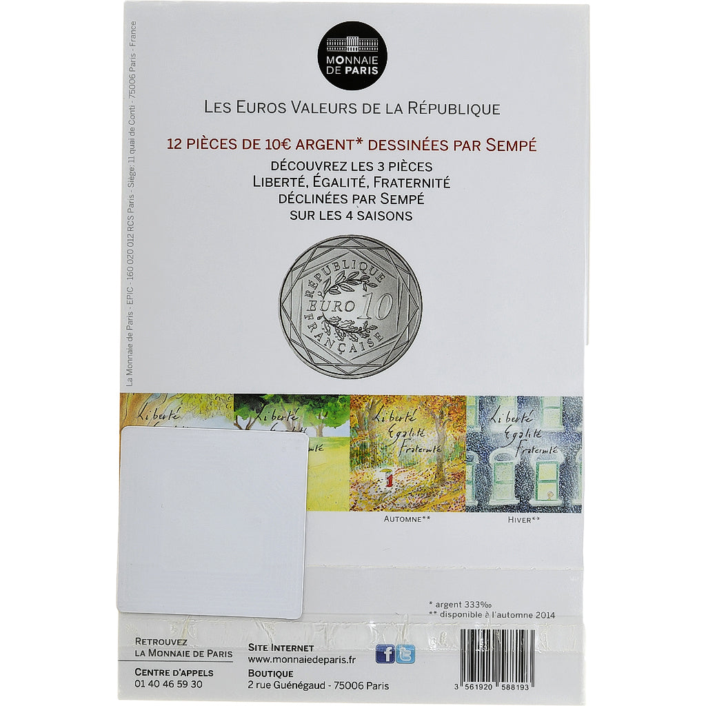 Francja, 10 Euro, Sempé - Été - Égalité, 2014, MDP, Srebro, MS(65-70)