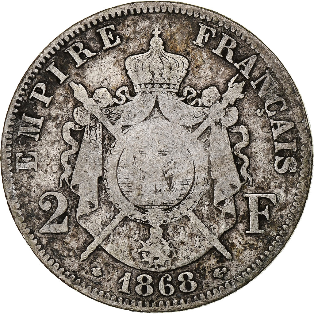 Francia, Napoleon III, 2 Francs, 1868, Paris, Argento, MB, Gadoury:527, KM:807.1