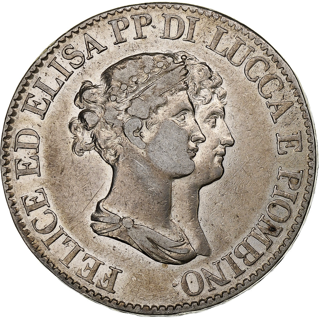 Republic of Lucca, Felix and Elisa, 5 Franchi, 1807, Florence, Zilver, FR+