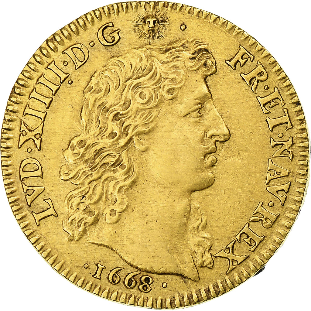 France, Louis XIV, Louis d'or à la tête nue, 1668, Paris, chevelure regravée
