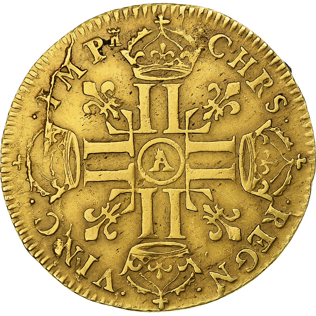 France, Louis XIV, Louis d'or à la tête nue, 1668, Paris, chevelure regravée