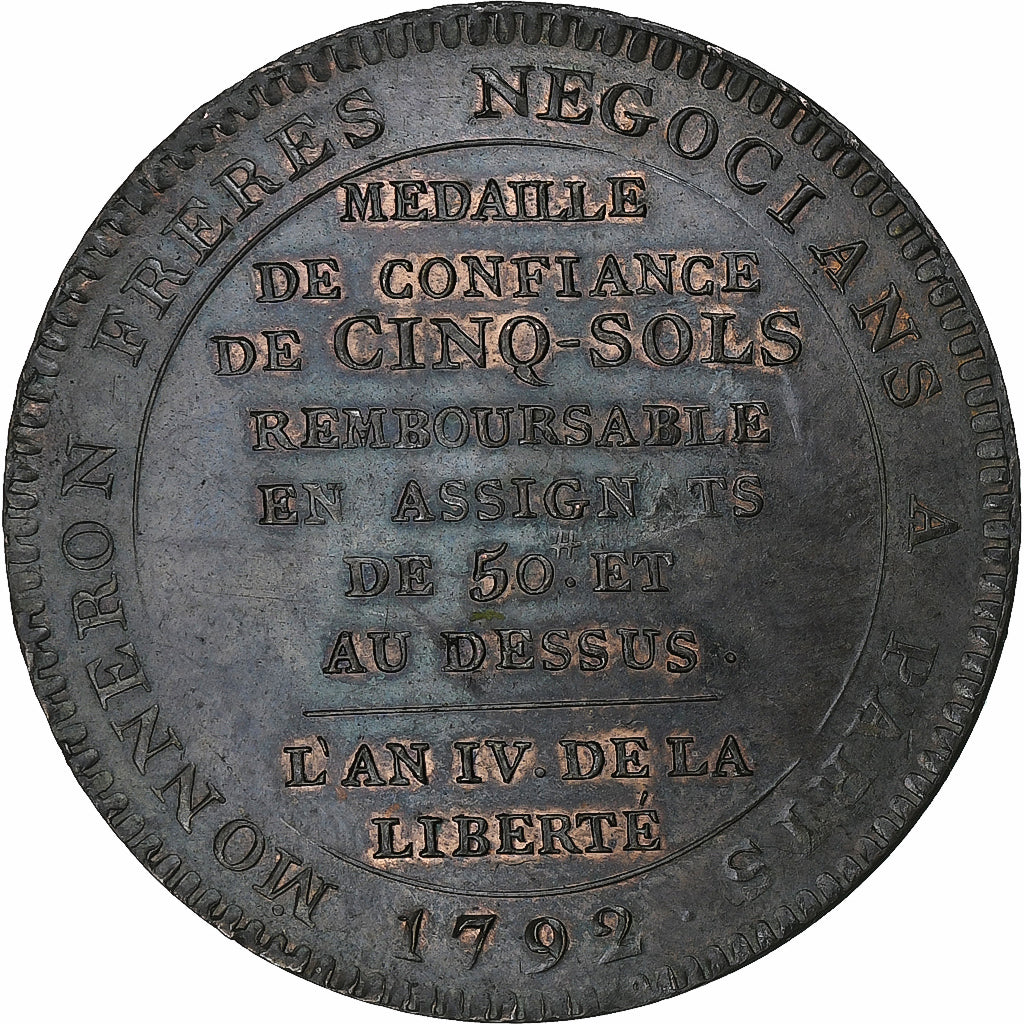 France, Monneron de 5 Sols, 1792, Bronze, AU(50-53)