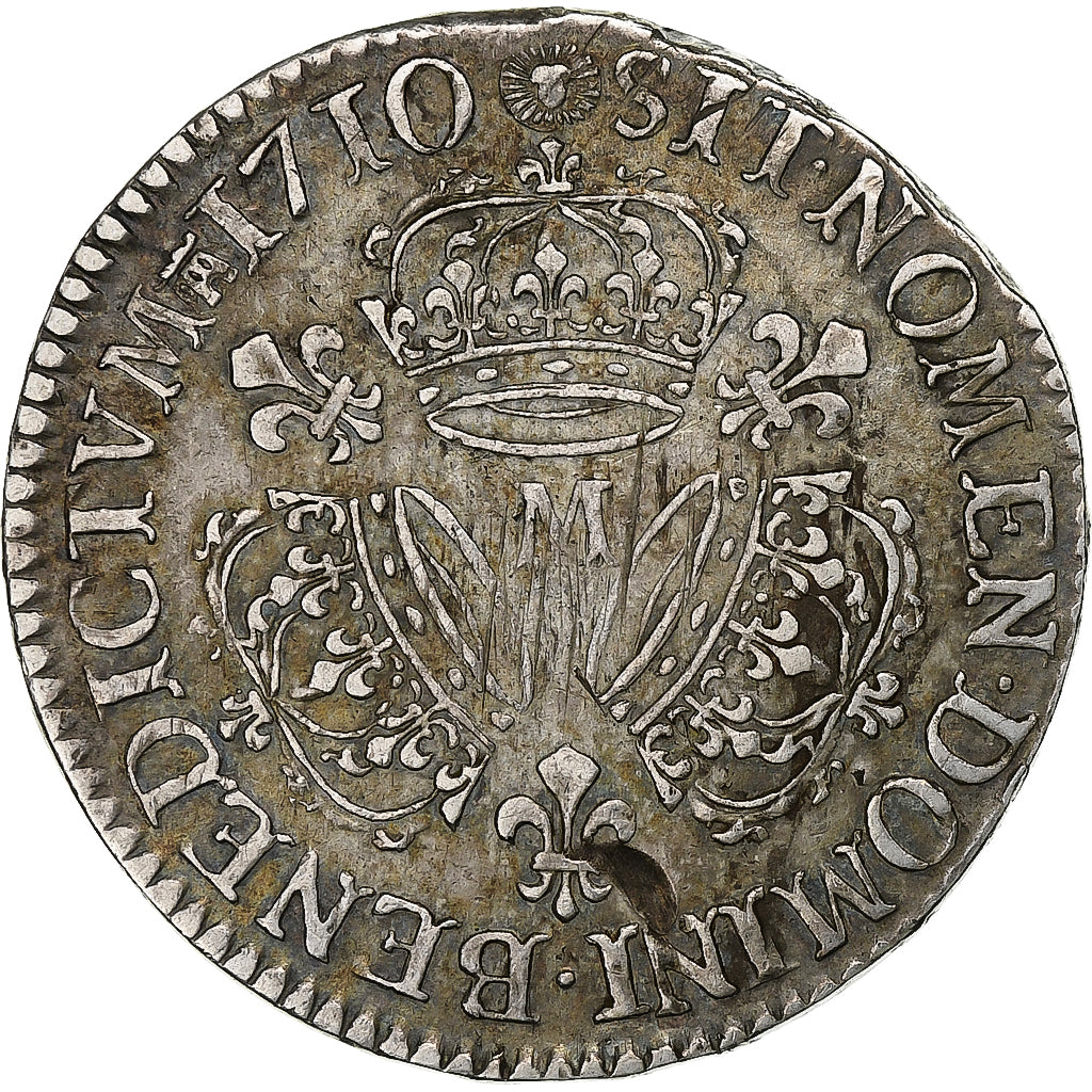 Francia, Louis XIV, 1/2 Ecu aux trois couronnes, 1710, Toulouse, Plata, BC+