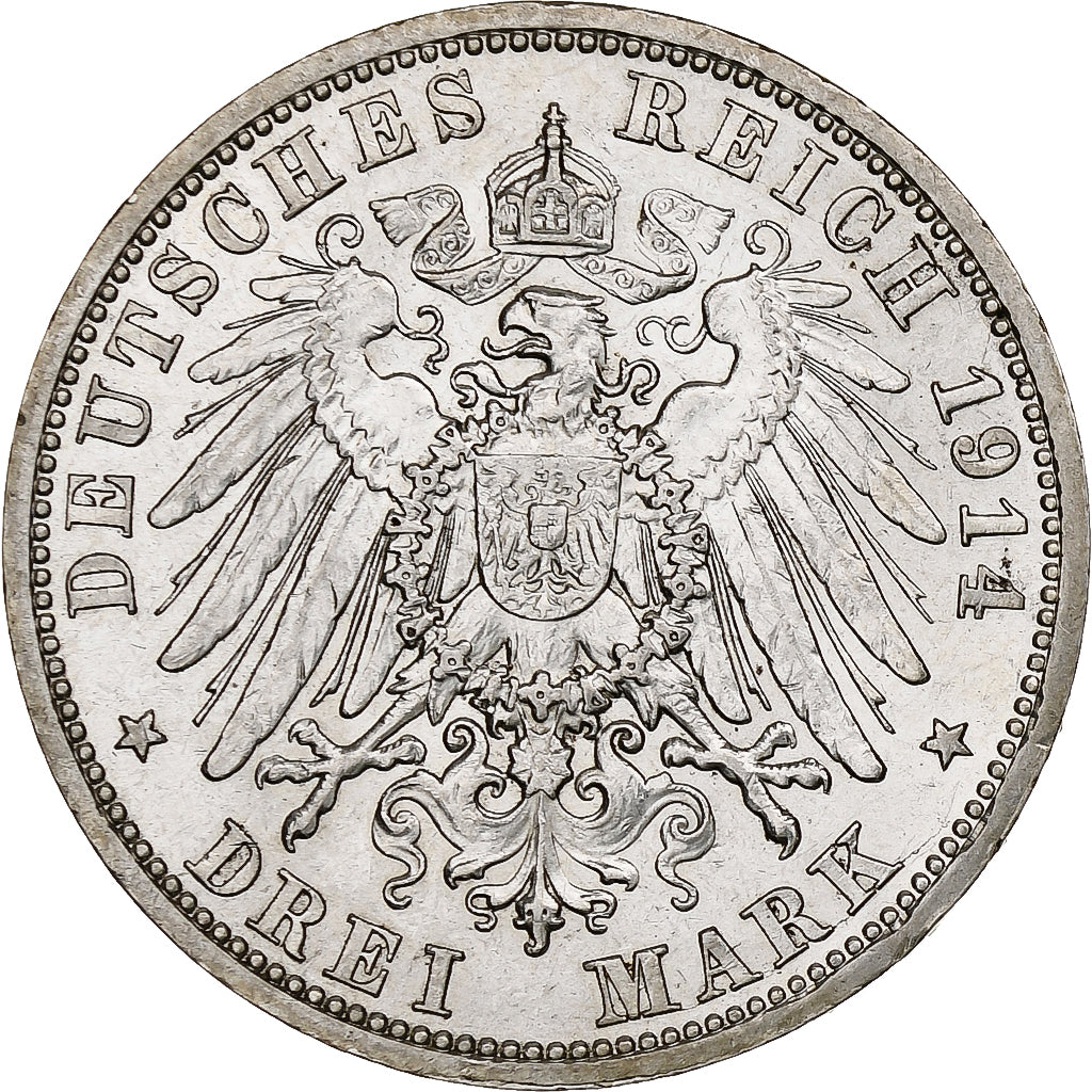 Kingdom of Prussia, Wilhelm II, 3 Mark, 1914, Berlin, Plata, MBC+, KM:538