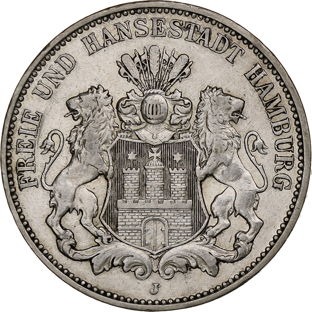 Duitsland, City of Hamburg, 3 Mark, 1909, Hamburg, Zilver, ZF, KM:620