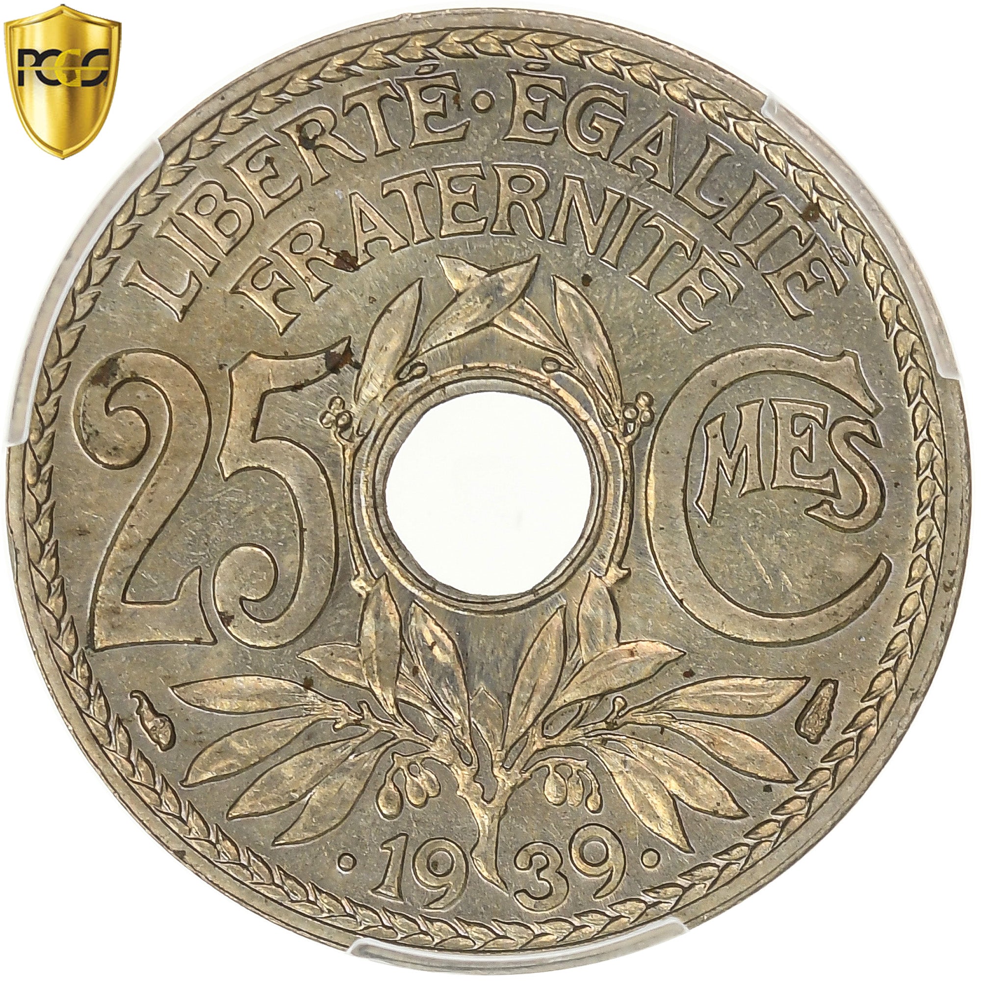 Frankrijk, 25 Centimes, Lindauer, .1939., Paris, Maillechort, PCGS, FDC