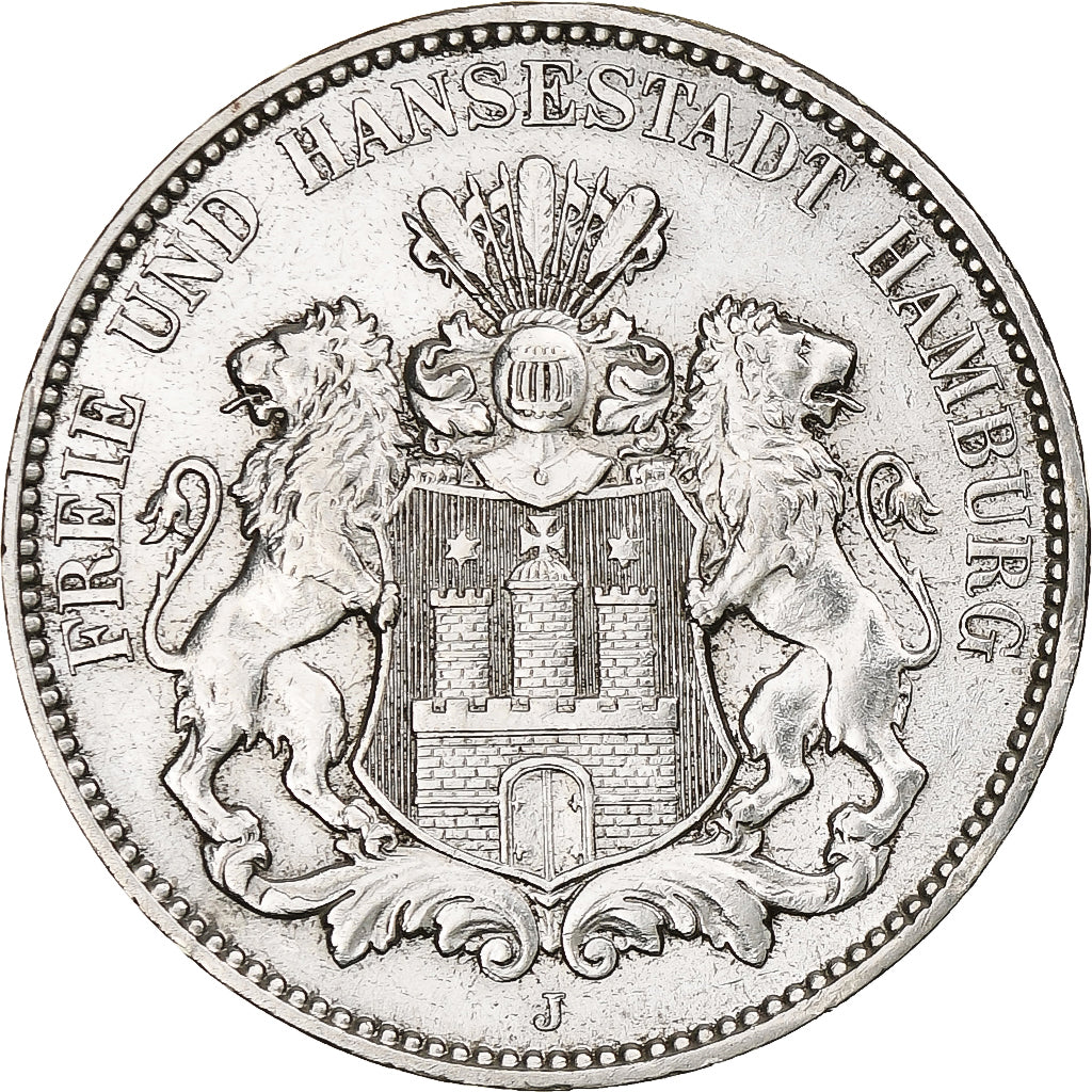 Alemanha, City of Hamburg, 3 Mark, 1914, Hamburg, Prata, AU(50-53), KM:620