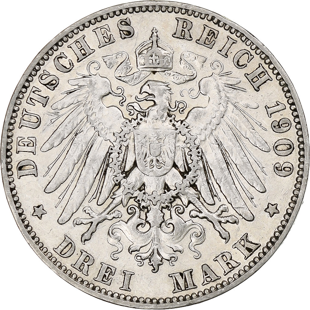 Germania, Kingdom of Saxony, Friedrich August III, 3 Mark, 1909, Muldenhütten