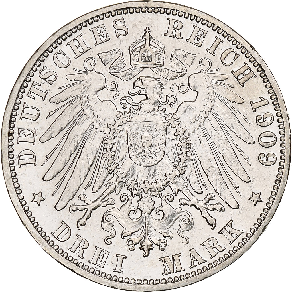 Germany, Grand-duchy of Baden, Friedrich II, 3 Mark, 1909, Karlsruhe, Silver