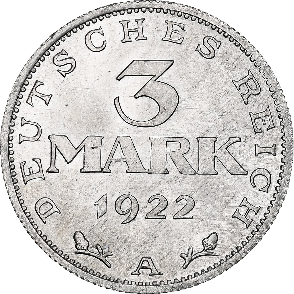 Germany, Weimar Republic, 3 Mark, Weimar Constitution, 1922, Berlin, Aluminum