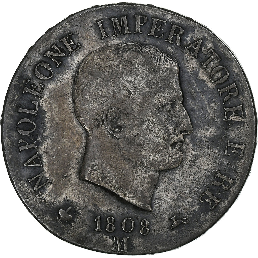 Włochy, Royaume d'Italie, Napoleon I, 5 Lire, 1808, Milan, Srebro, EF(40-45)
