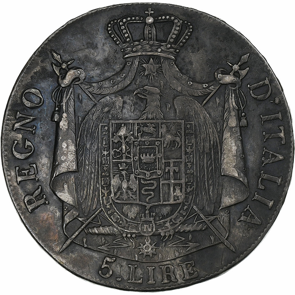 Włochy, Royaume d'Italie, Napoleon I, 5 Lire, 1808, Milan, Srebro, EF(40-45)