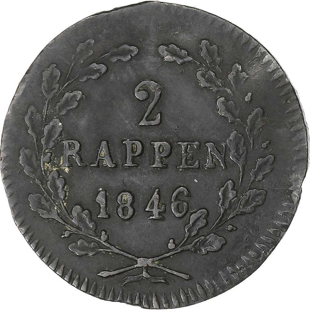 Switzerland, Canton de Schwyz, 2 Rappen, 1846, Billon, VF(30-35), KM:62