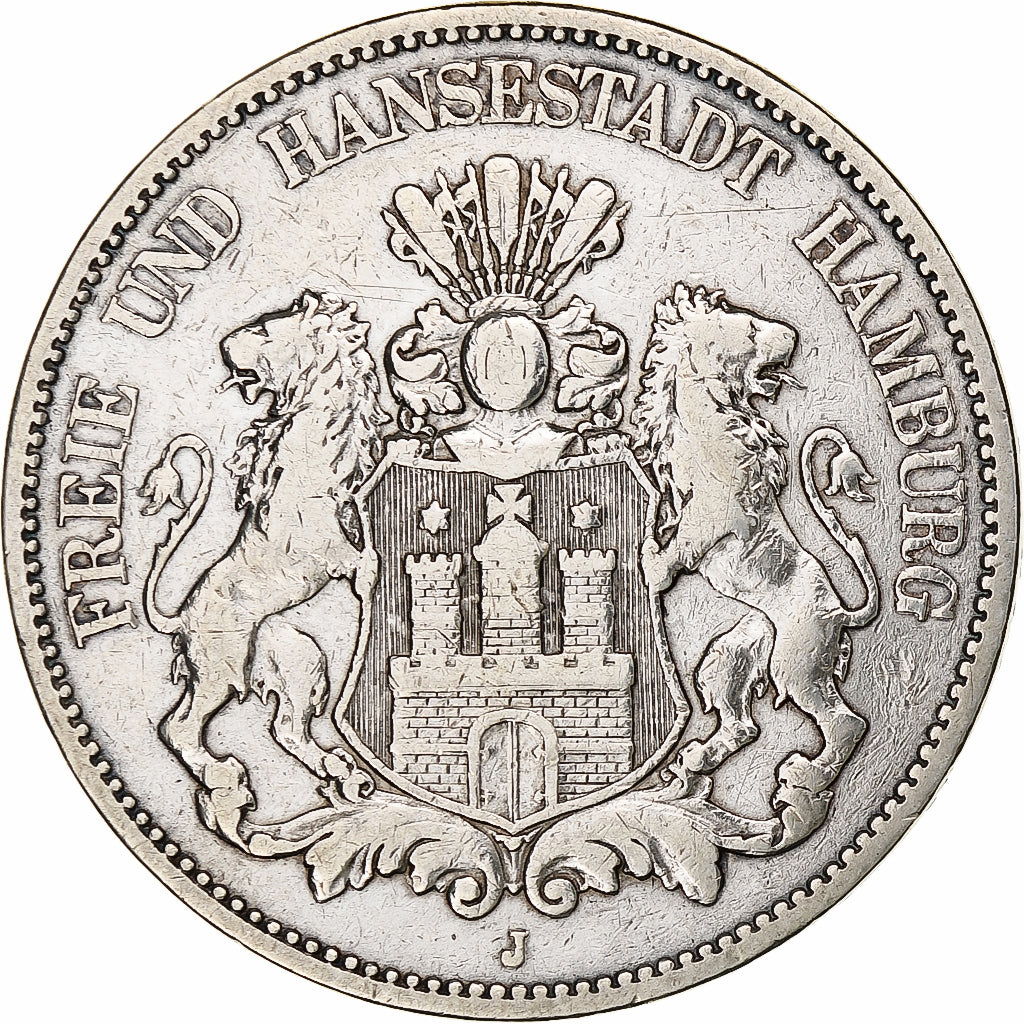 Niemcy, City of Hamburg, 5 Mark, 1876, Hamburg, Srebro, EF(40-45), KM:598