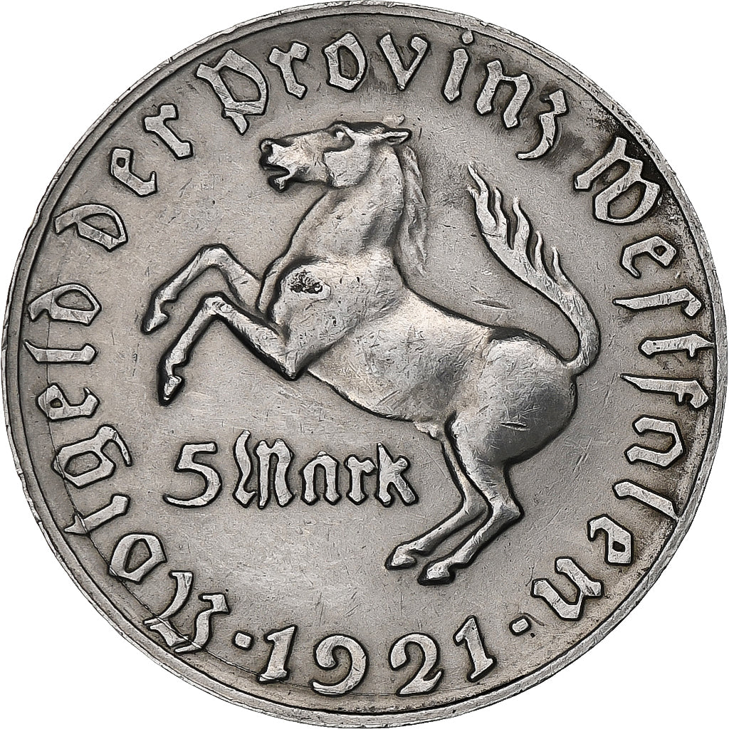 Allemagne, République de Weimar, Westfalen, 5 Mark, 1921, Menden, Aluminium
