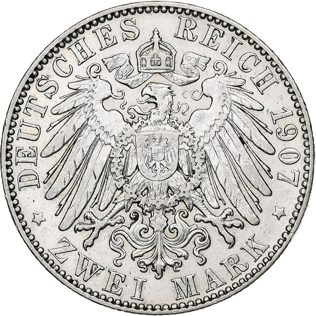 Alemanha, Kingdom of Saxony, Friedrich August III, 2 Mark, 1907, Muldenhütten