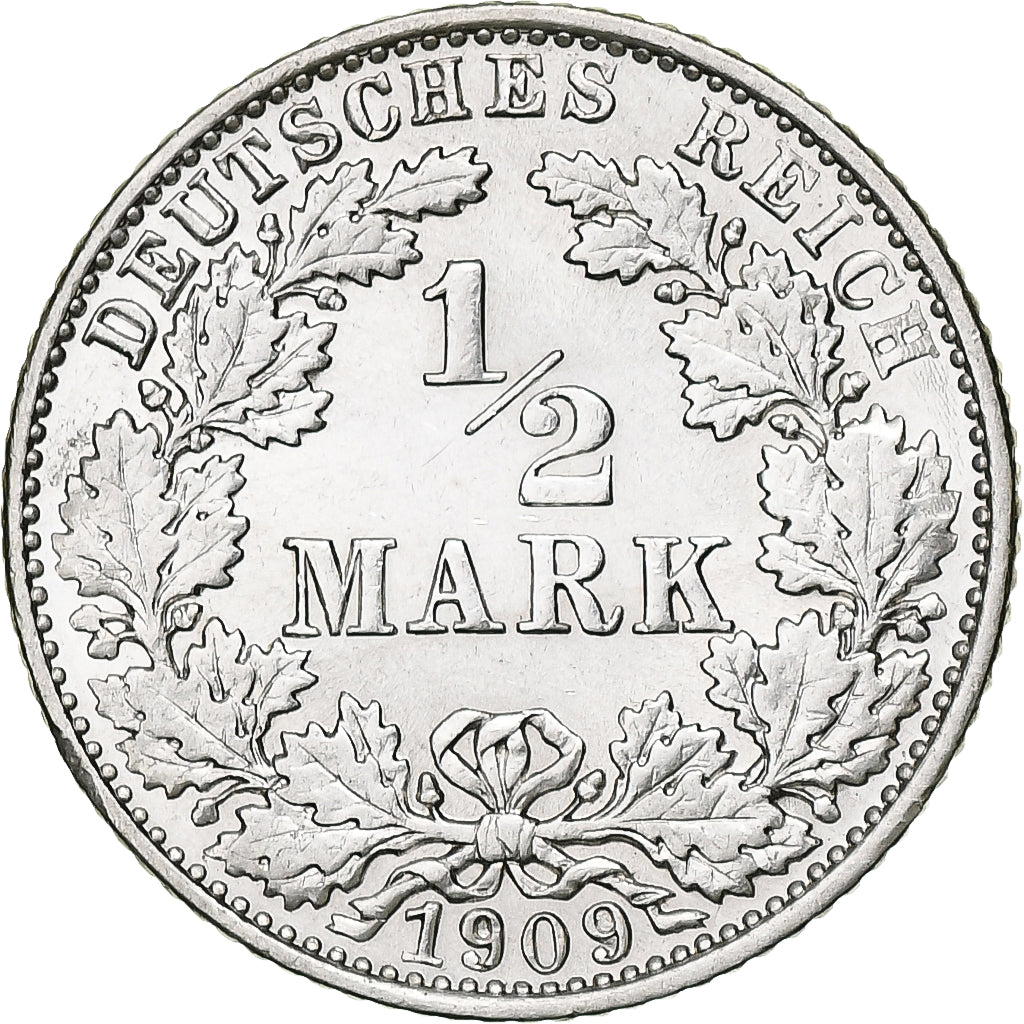 Germany, Wilhelm II, 1/2 Mark, 1909, Muldenhütten, Silver, AU(55-58), KM:17