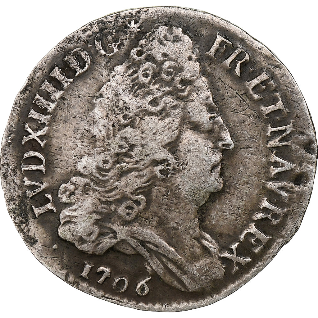 França, Louis XIV, 10 Sols aux insignes, 1706, Lyon, Prata, VF(30-35)