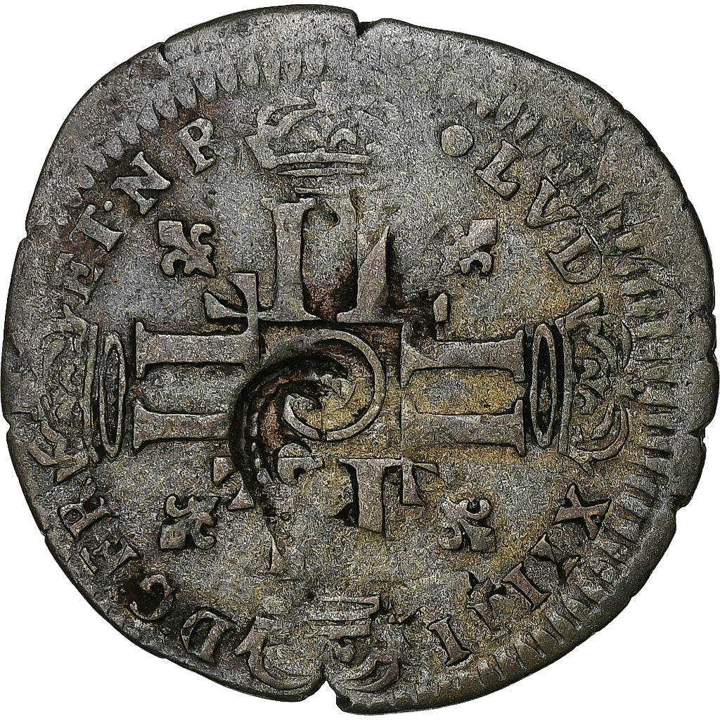 Francia, Louis XIV, 15 Deniers, 1693, contremarqué lis, Biglione, MB+