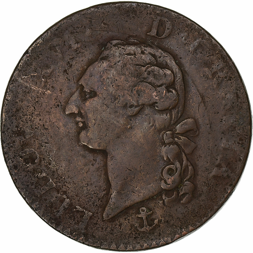 Francia, Louis XVI, Sol, 1789, La Rochelle, Cobre, BC+, Gadoury:350, KM:578.6