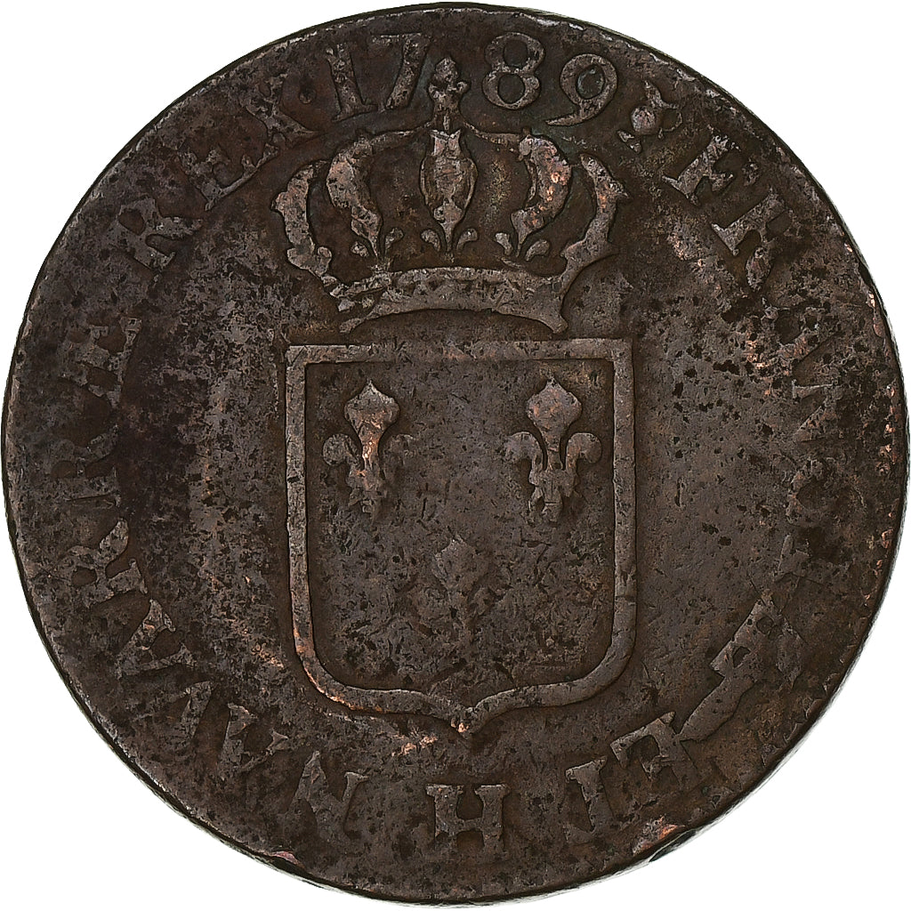 Francia, Louis XVI, Sol, 1789, La Rochelle, Cobre, BC+, Gadoury:350, KM:578.6