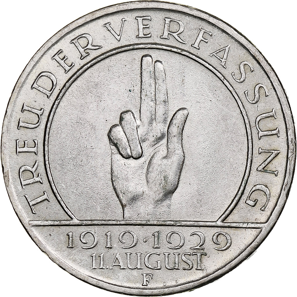 Germany, Weimar Republic, 3 Mark, Weimar Constitution, 1929, Stuttgart, Silver