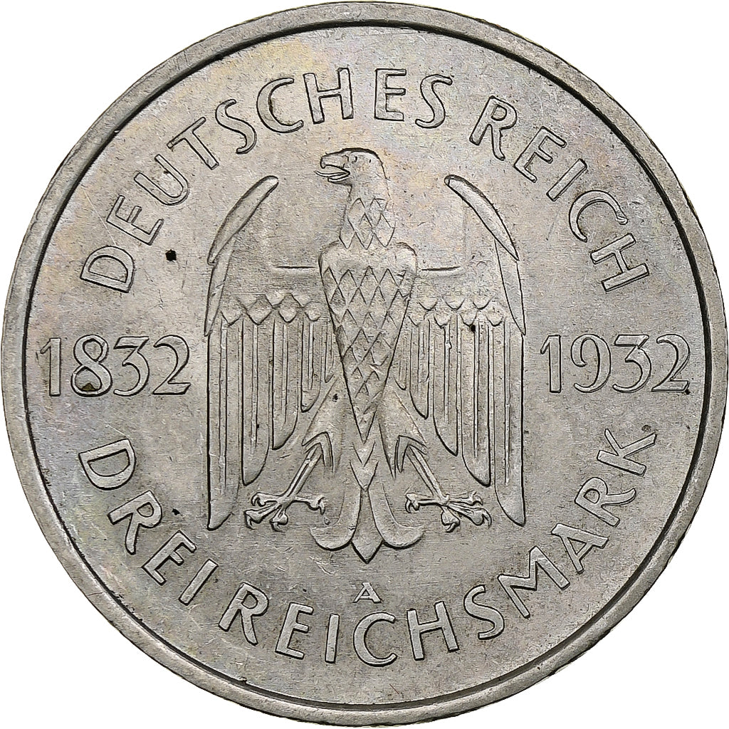 GERMANIA, REPUBBLICA DI WEIMAR, 3 Mark, Goethe, 1932, Berlin, Argento, BB+