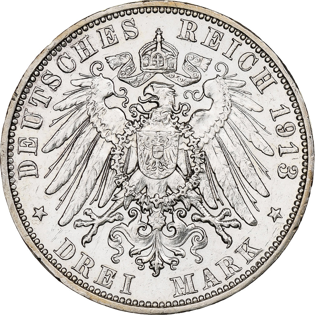 Germania, Kingdom of Saxony, Friedrich August III, 3 Mark, 1913, Muldenhütten